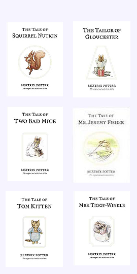 Six Beatrix Potter Tales: Squirrel Nutkin, Tailor of Gloucester, Two Bad mice, Mr. Jeremy Fisher, Tom Kitten and Mrs. Tiggy-Winkle.