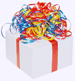 Gift wrapped in white with primary color ribbon