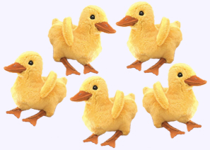 Five Little Ducks Finger Puppet Set. Each are 4 in. long and make quacking sound